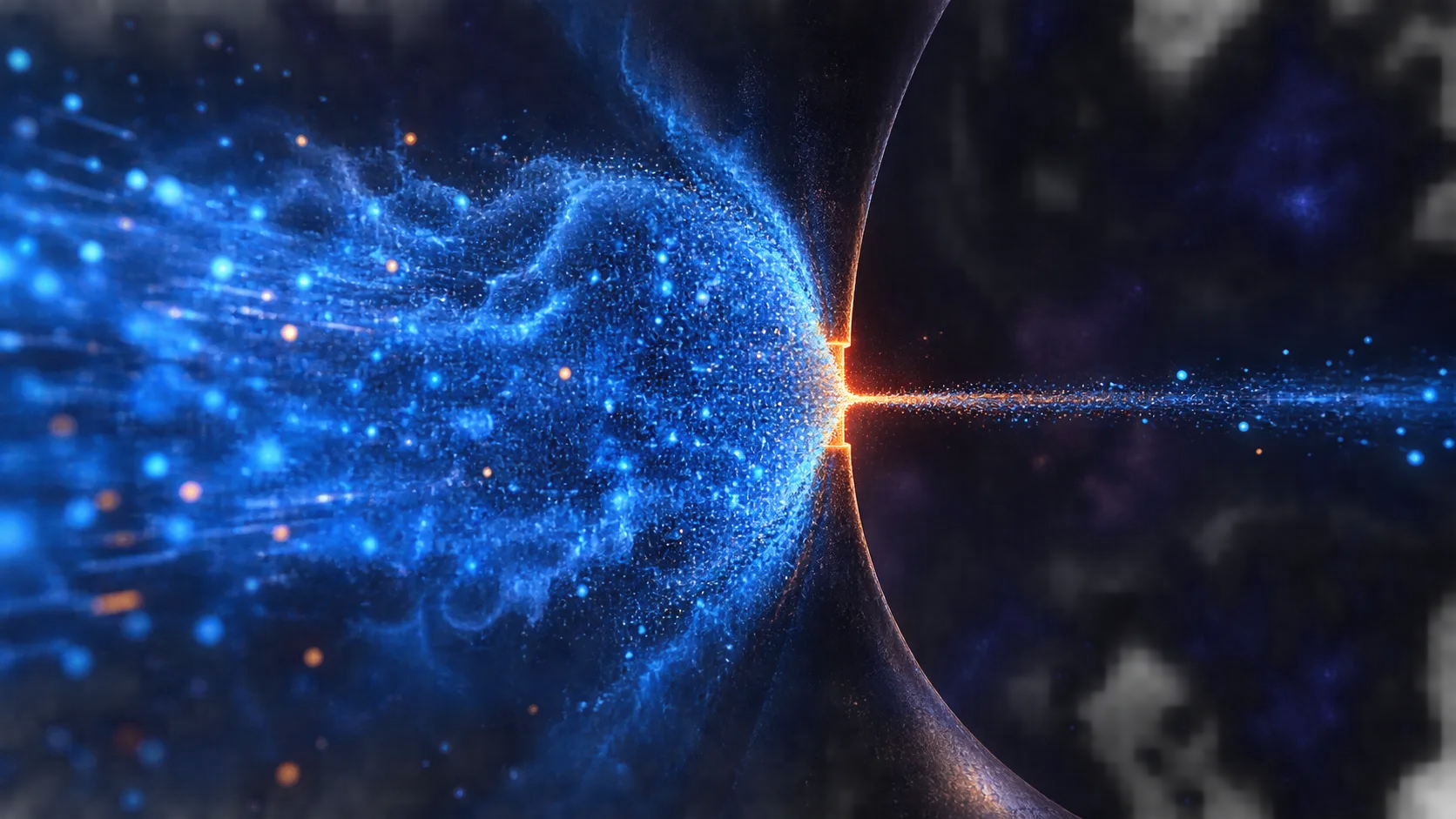 A wide stream of blue data particles compressing through a narrow glowing aperture into a thin trickle.