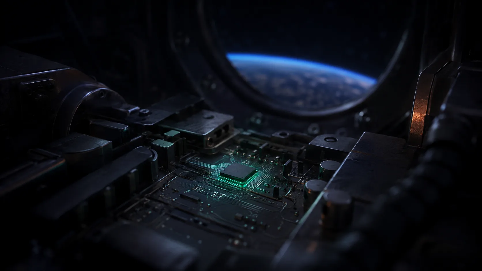A small processor glowing on a spacecraft circuit board, with Earth visible through a window behind it.