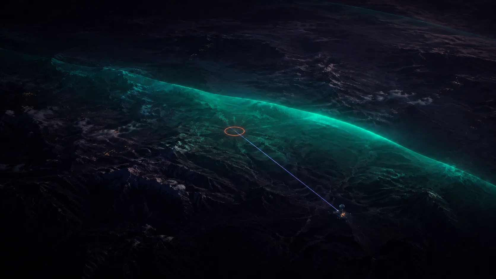A satellite scan sweeping dark terrain, flagging one small area with a marker and relaying it to a ground station.